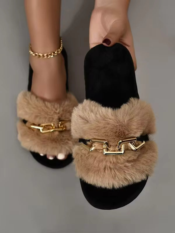 Women's Chain Decor Leopard Print Thermal Slippers, Winter Fashion Cute New Hot-Selling Cross Strap Home Slippers