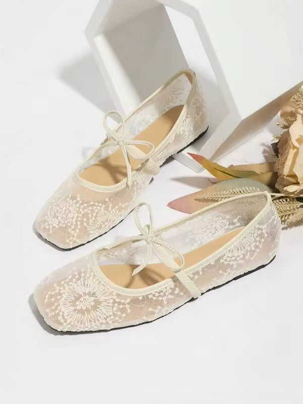 Women's White Ballet Flats With Bow Decor, Flower Embroidery, Breathable Mesh Vamp, Square Toe, Suitable For Wide Or Plump Feet, Summer Mary Jane Shoes