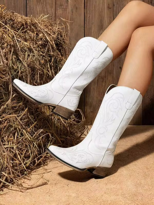 Women's Mid Calf Cowgirl Boots Cowboy Boots Pointed Toe Fashion Slip-On Chunky Heel Embroidery Stitched Western White Boots For Festival Party Shoes