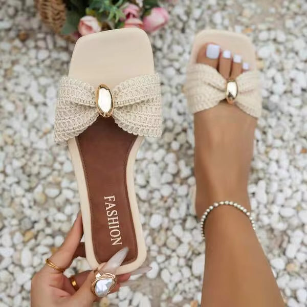 DAZY Women's Summer New Fashion Versatile Square Toe Flat Sandals, Beach Slippers, Comfortable Outdoor Beige Shoes